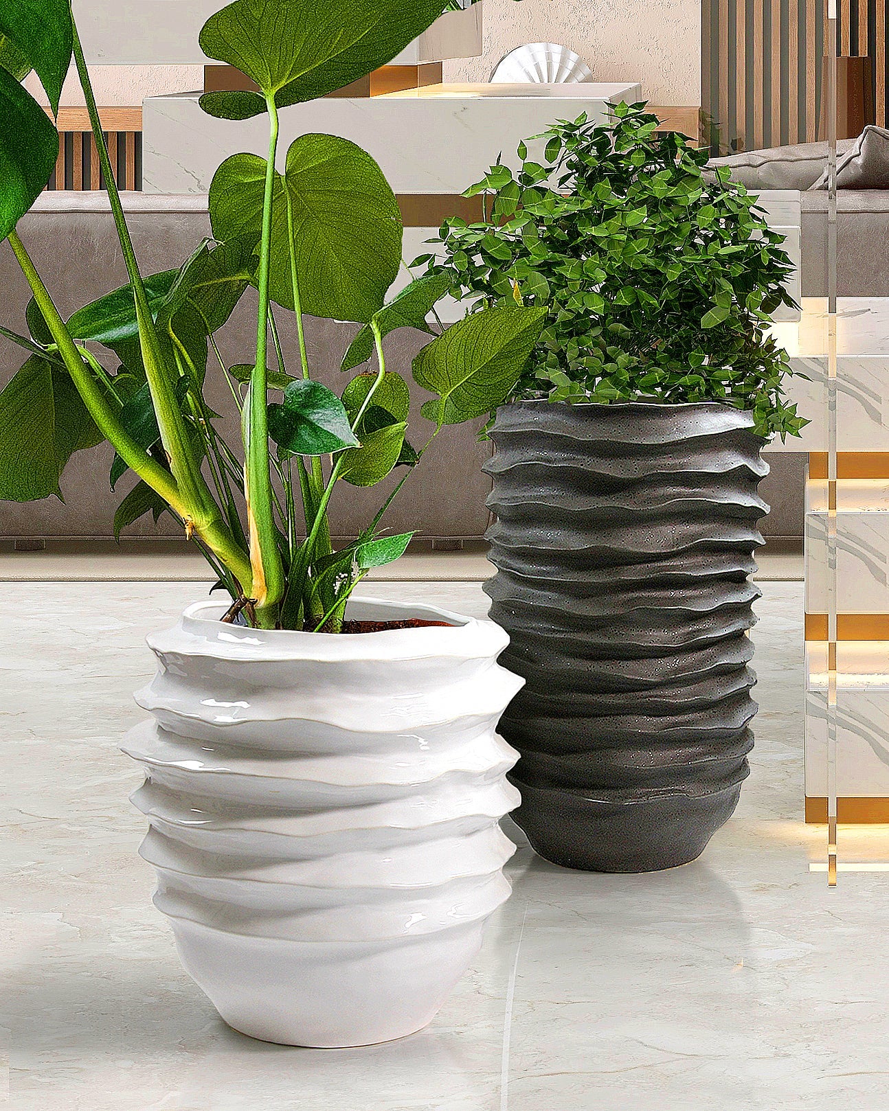 Pot de fleurs en céramique à disque ondulé