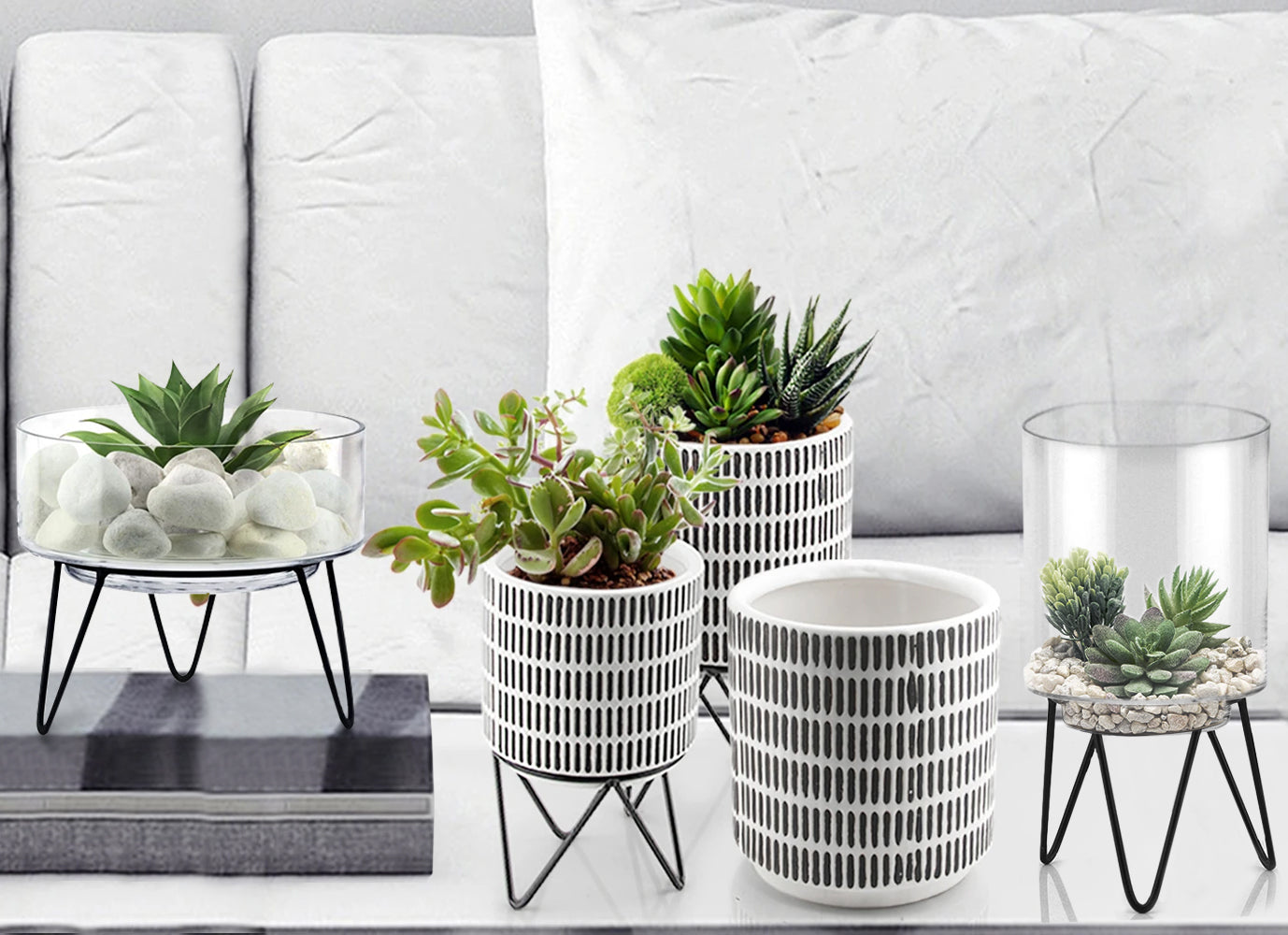 Pot de fleurs en céramique avec support en métal