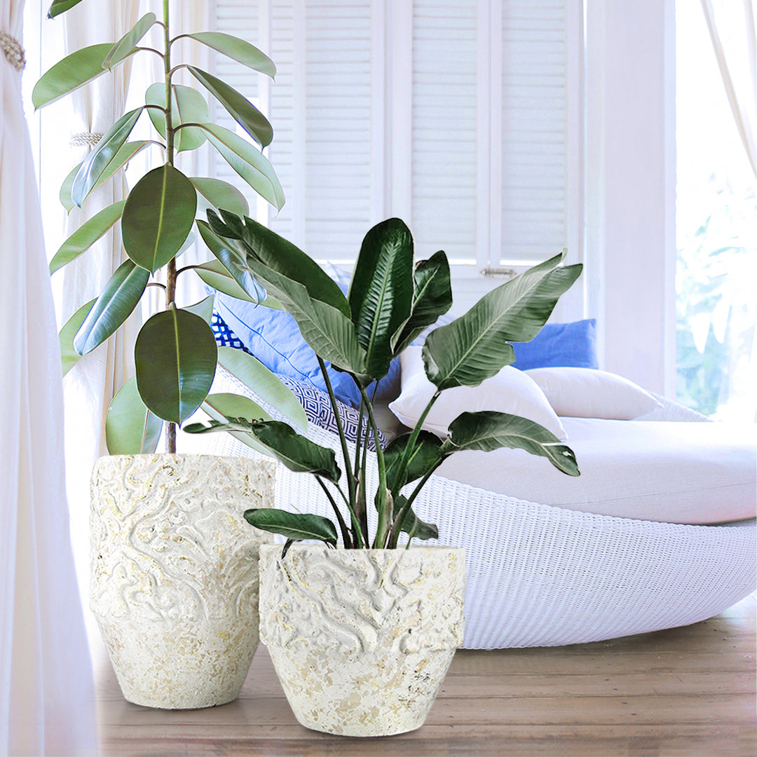 Pot de sol en céramique blanc et or vieilli